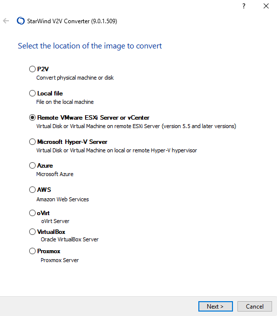 We open StarWind V2V Converter and select the source system