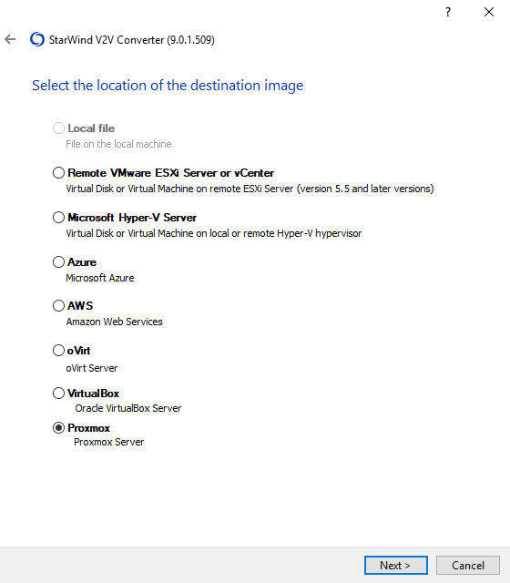 The following step will be to select the target system – Proxmox server