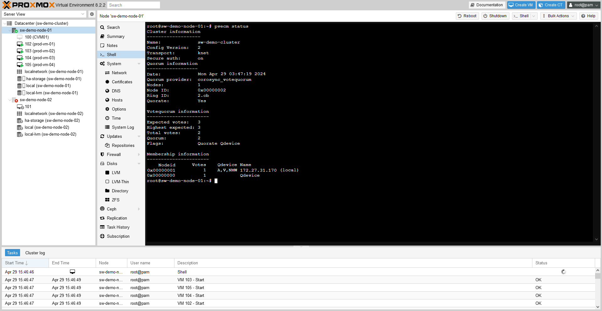 The last thing to do is test how it will work if the node fails. DELL iDRAC (IPMI) is used to ungracefully power off one of Proxmox nodes