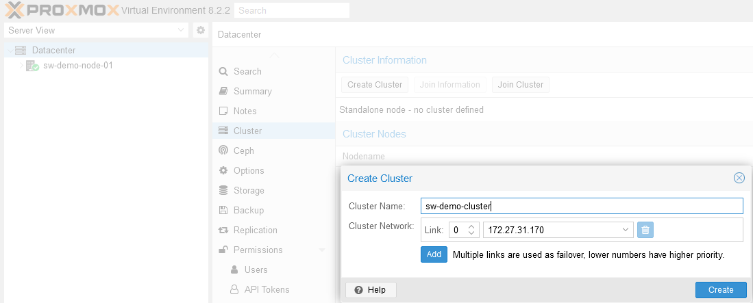 Create a cluster on one of the nodes.