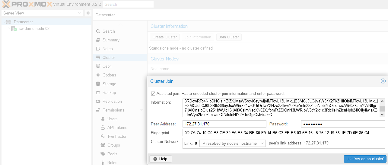 Join the cluster with the second node.