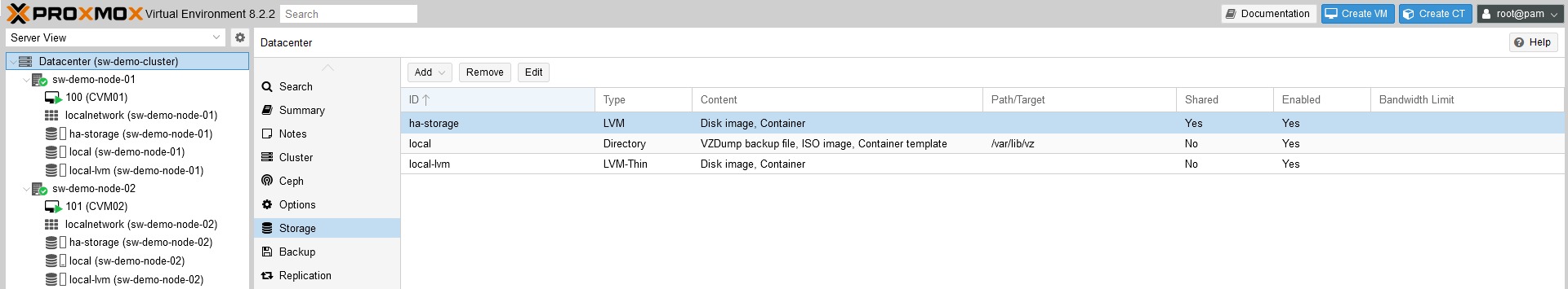 As result I’ve got a shared storage with name “ha-storage”, which is replicated in the real time connected to both hosts.