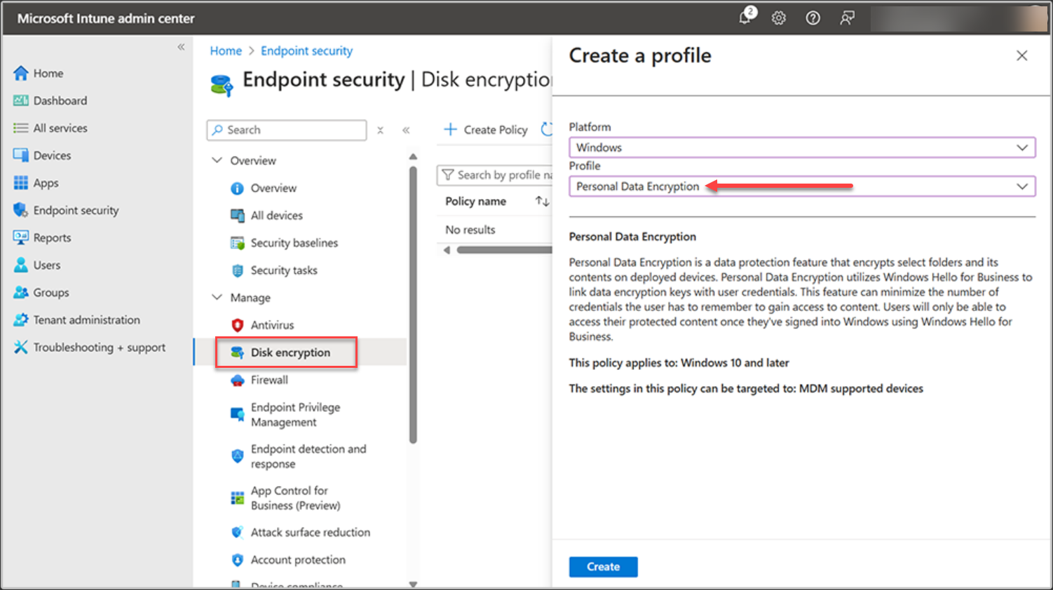 Select your platform and select the profile type as Personal Data Encryption